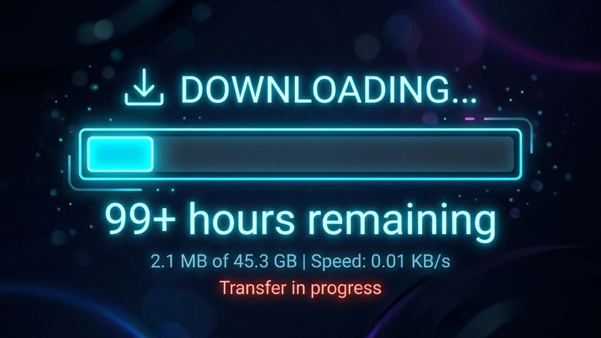 A frustratingly slow download progress bar with a 99+ hours remaining estimate