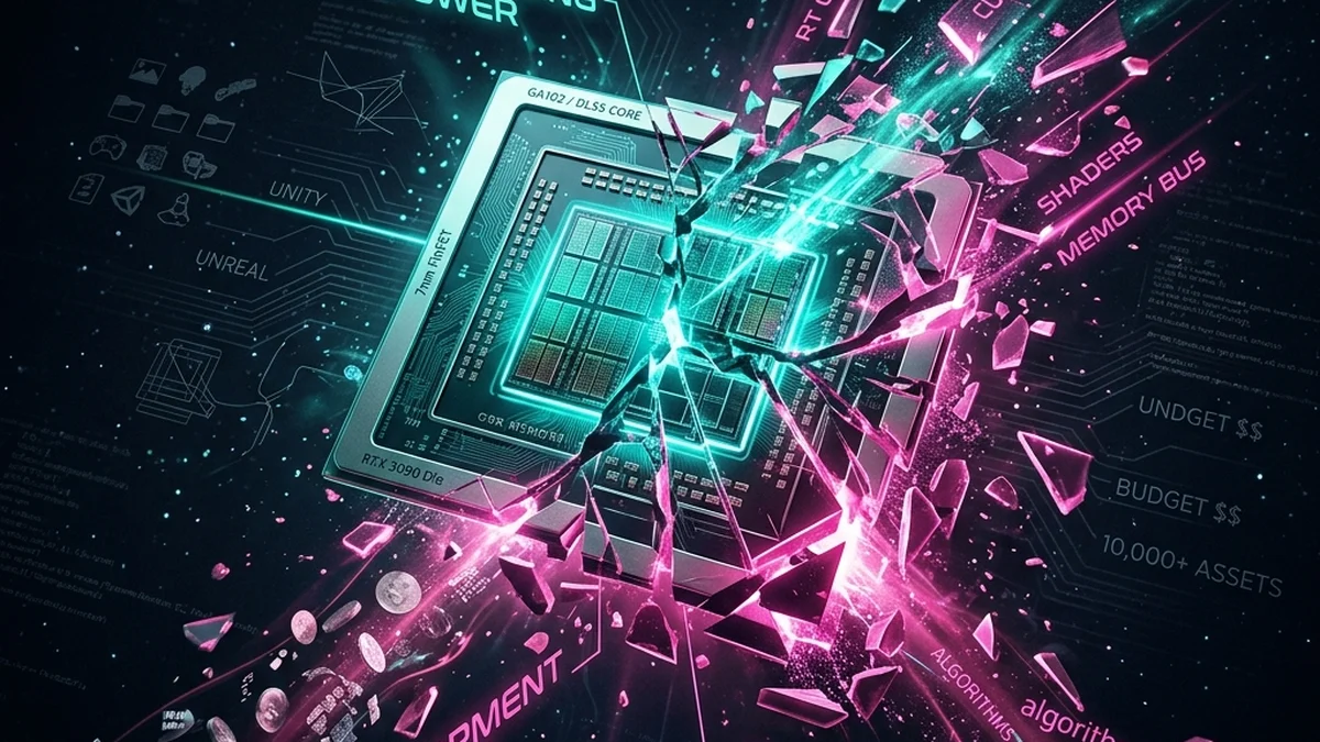 High-end microchip breaking apart symbolizing immense processing power