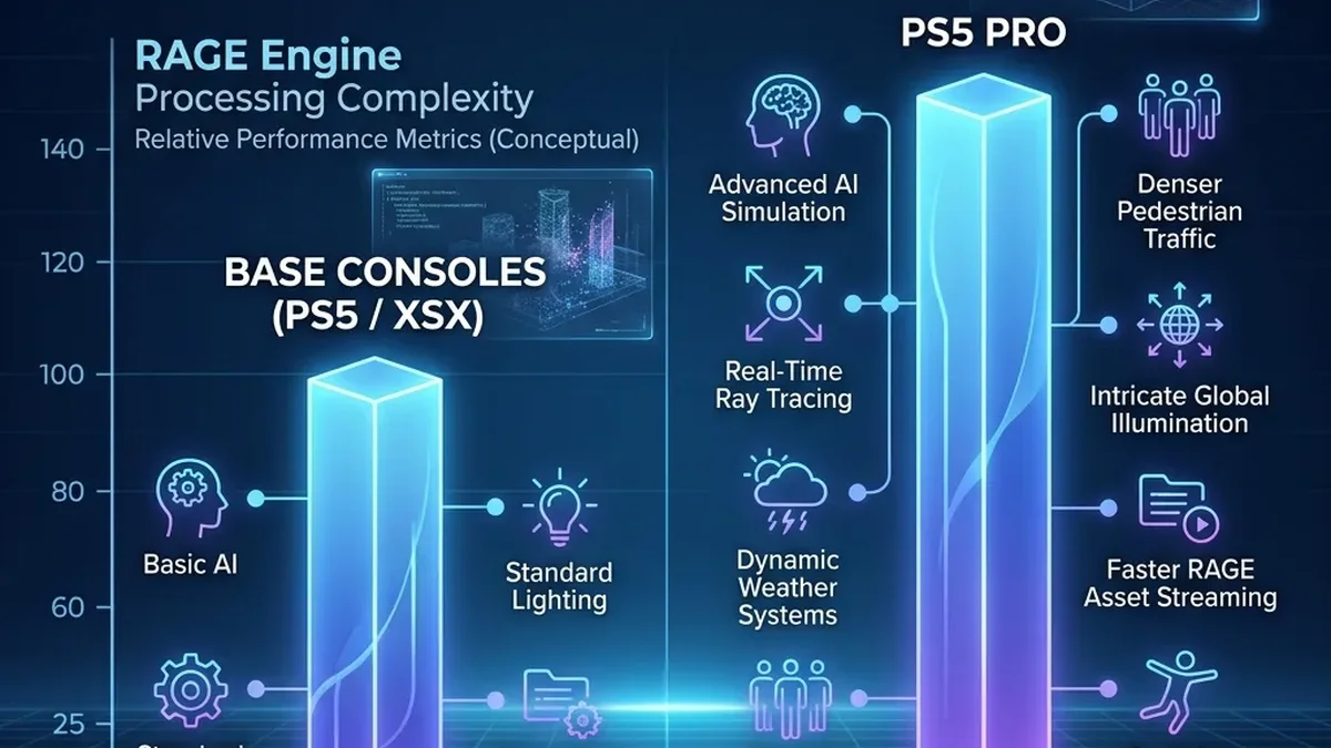 A clean, abstract graph comparing the processing power of base consoles versus the PS5 Pro for running the complex RAGE engine in GTA 6.