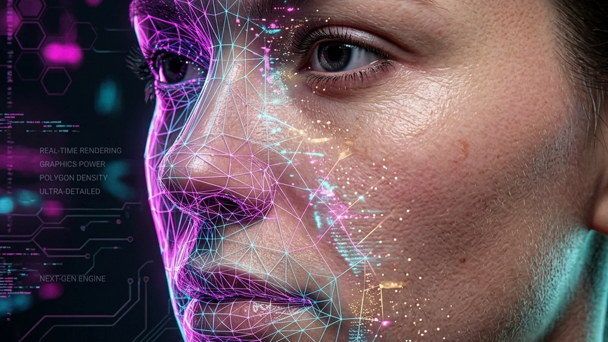 3D facial wireframe transforming into ultra-realistic skin textures