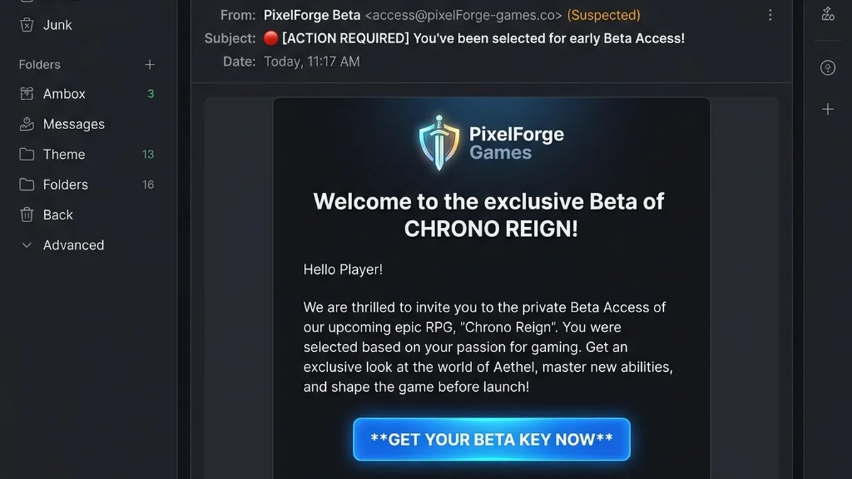 Screenshot of a spoofed beta invite email