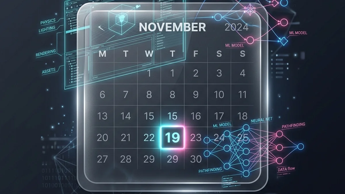 A calendar glowing 19 overlaid with holographic wireframes of a game engine