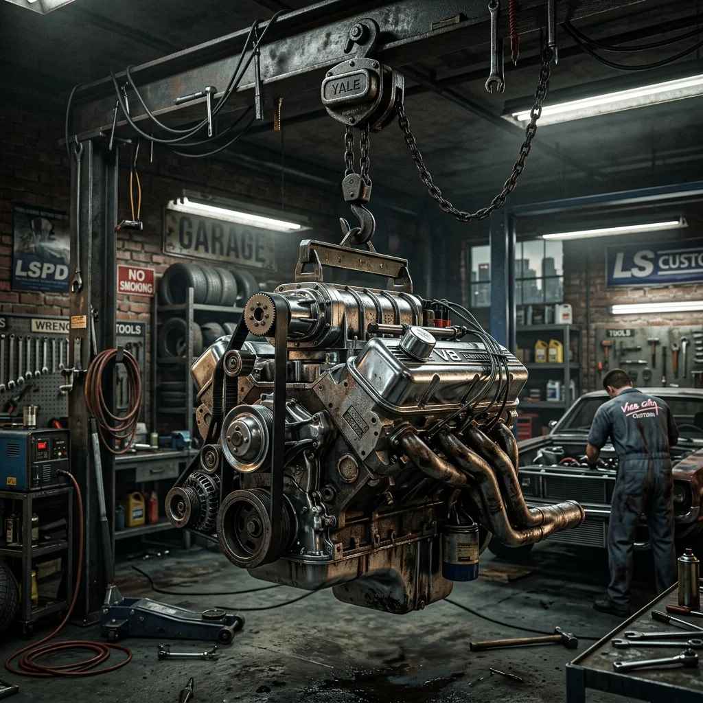 Detailed render of an exposed V8 engine block sitting on a hoist