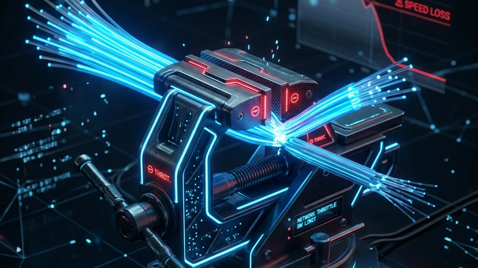 Glowing fiber optic cable restricted by a digital vice, symbolizing internet throttling