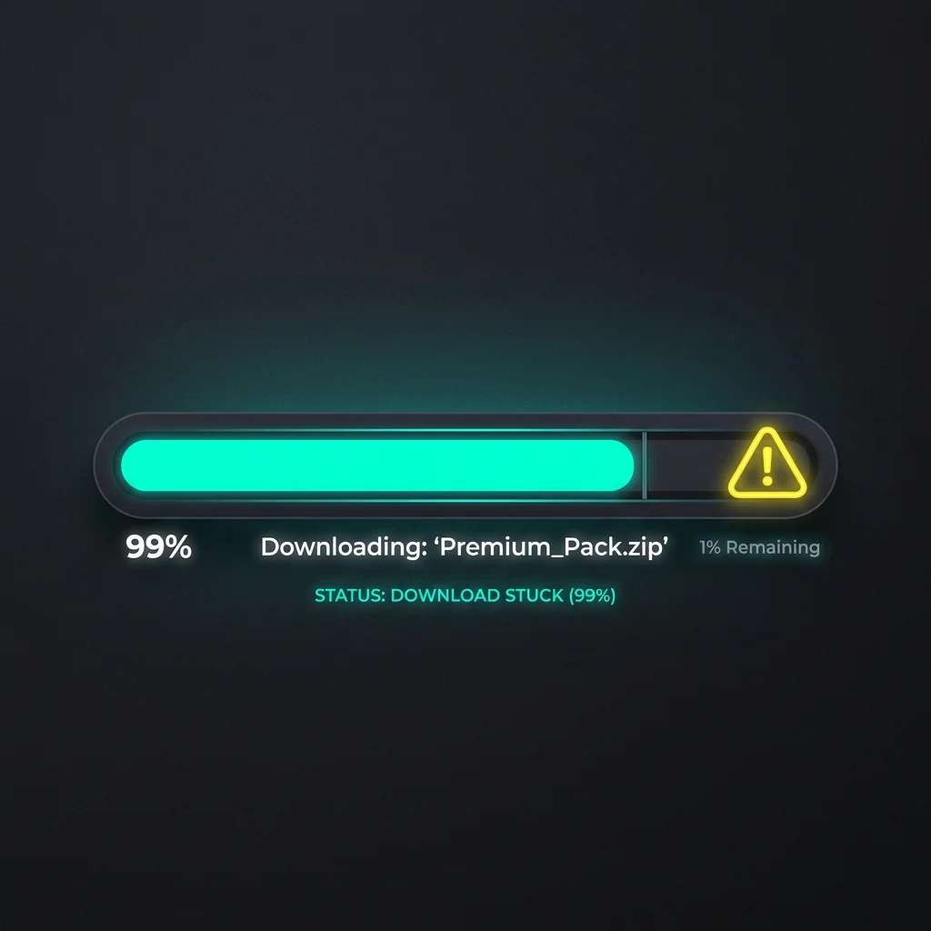 Download progress bar stuck at 99 percent with a warning triangle