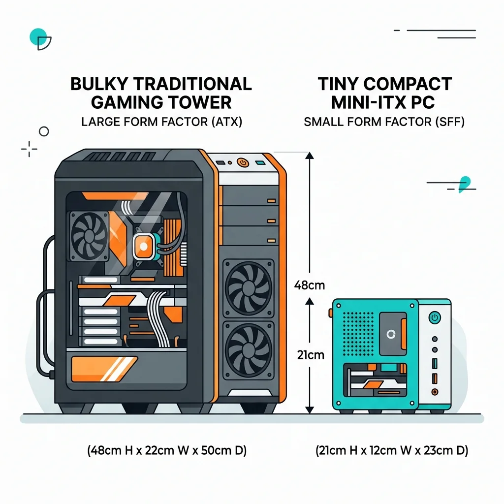 A flat vector comparison of a traditional full tower PC versus a tiny SFF PC