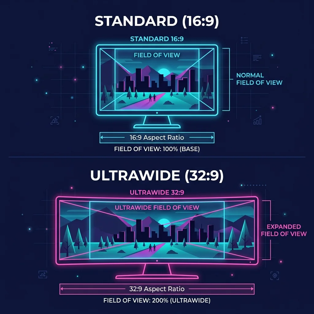 Illustration comparing 16:9 and 32:9 field of view in gaming